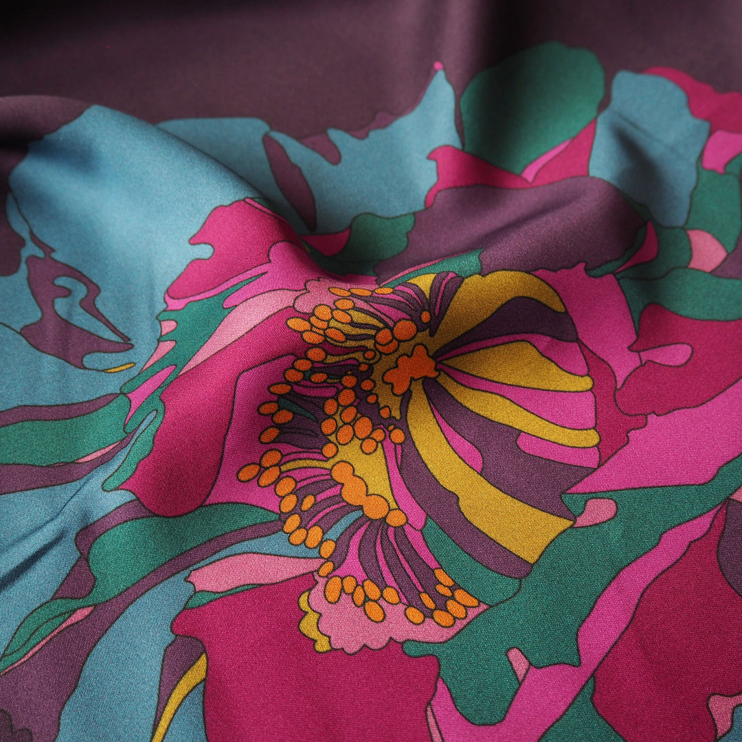 Liberty viscose satin fabric in Peony Waltz A print, soft floral design with elegant drape.