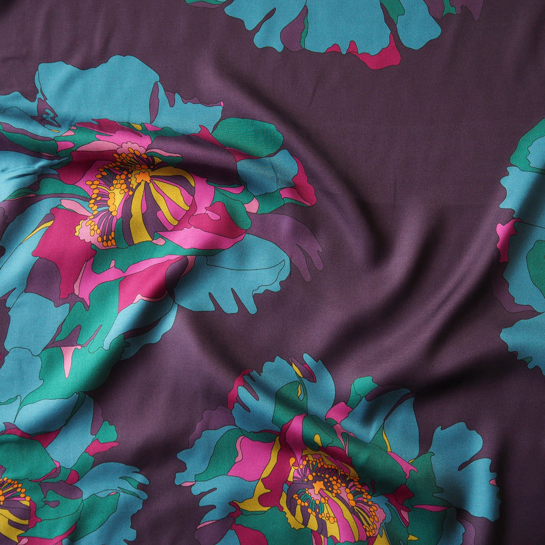 Liberty viscose satin fabric in Peony Waltz A print, soft floral design with elegant drape.