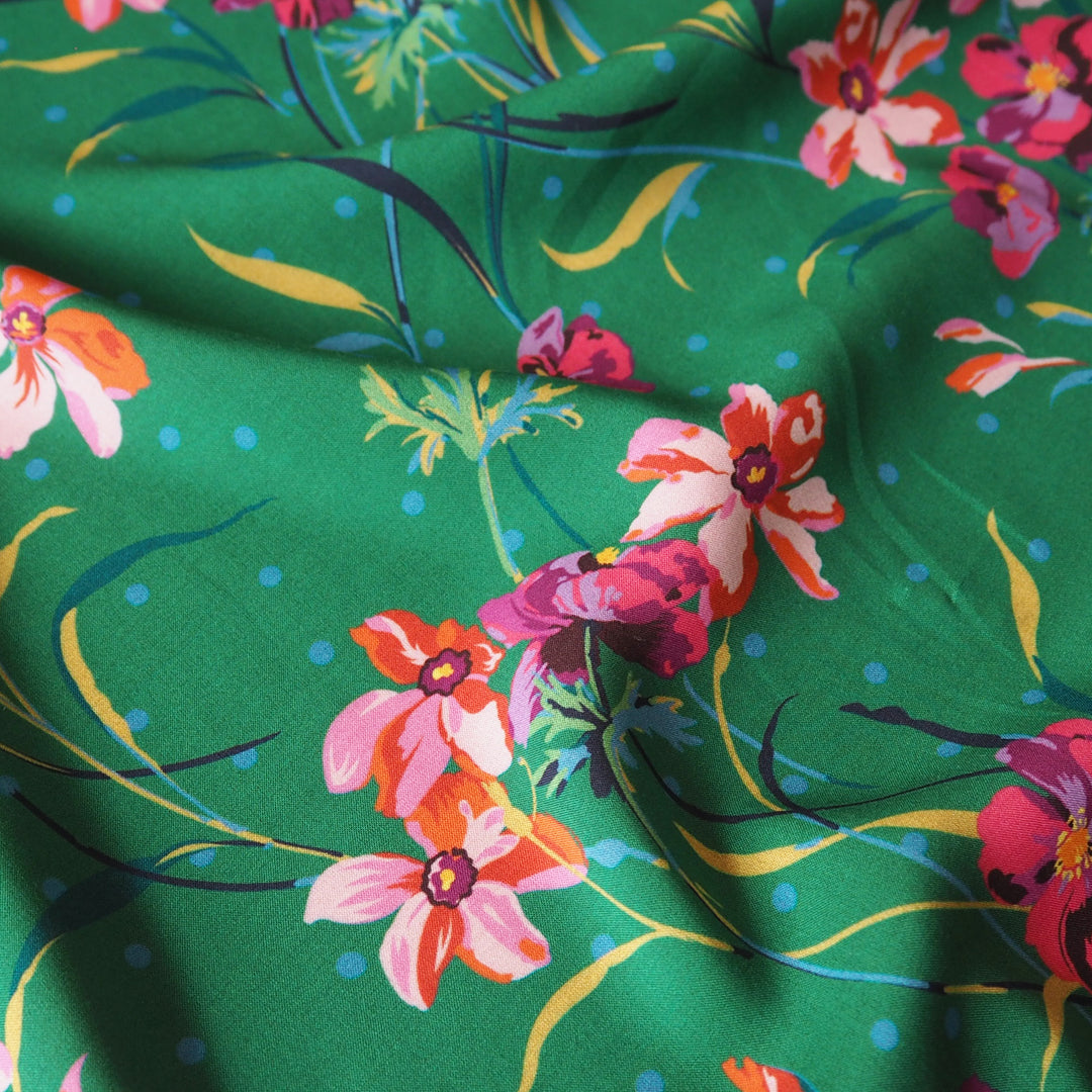 Liberty Fabrics Oakshot viscose in Poppy and Daffodil print, soft lightweight floral fabric.