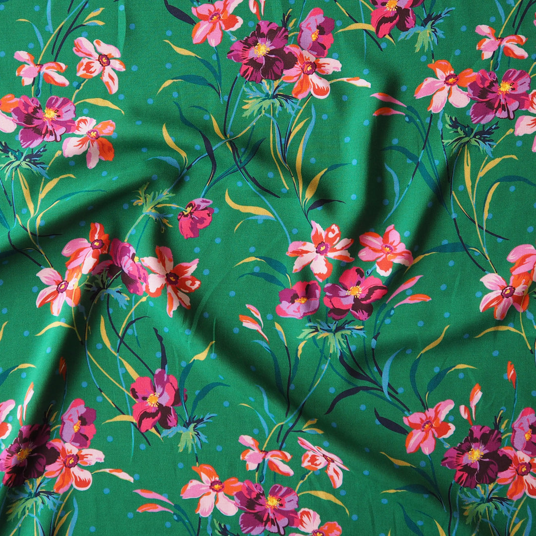 Liberty Fabrics Oakshot viscose in Poppy and Daffodil print, soft lightweight floral fabric.