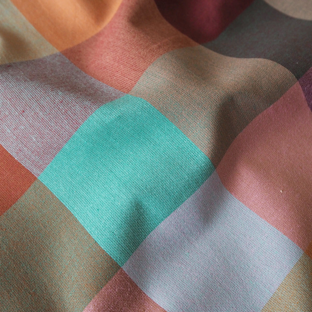 Fableism Strata Check Cotton Fabric from the Canyon Springs Collection – lightweight organic cotton in an earthy check design.