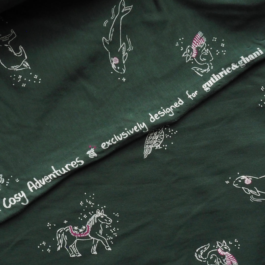 Green Cosy Adventures Brushed French Terry Fabric – Bamboo and Organic Cotton Blend – Guthrie & Ghani Exclusive