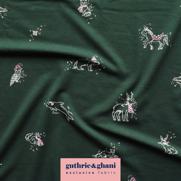 Green Cosy Adventures Brushed French Terry Fabric – Bamboo and Organic Cotton Blend – Guthrie & Ghani Exclusive