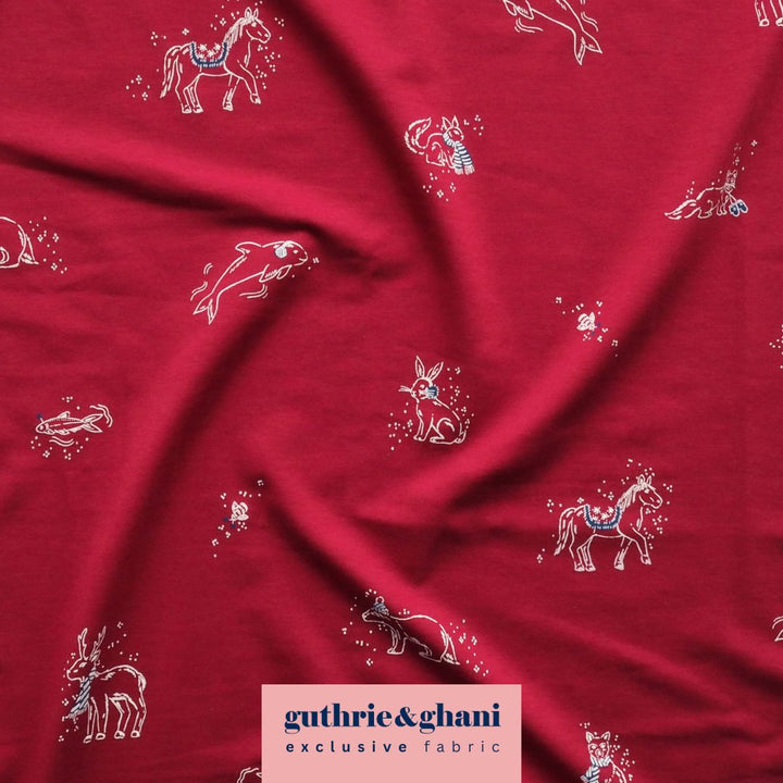 Red Cosy Adventures Brushed French Terry Fabric – Bamboo and Organic Cotton Blend – Guthrie & Ghani Exclusive