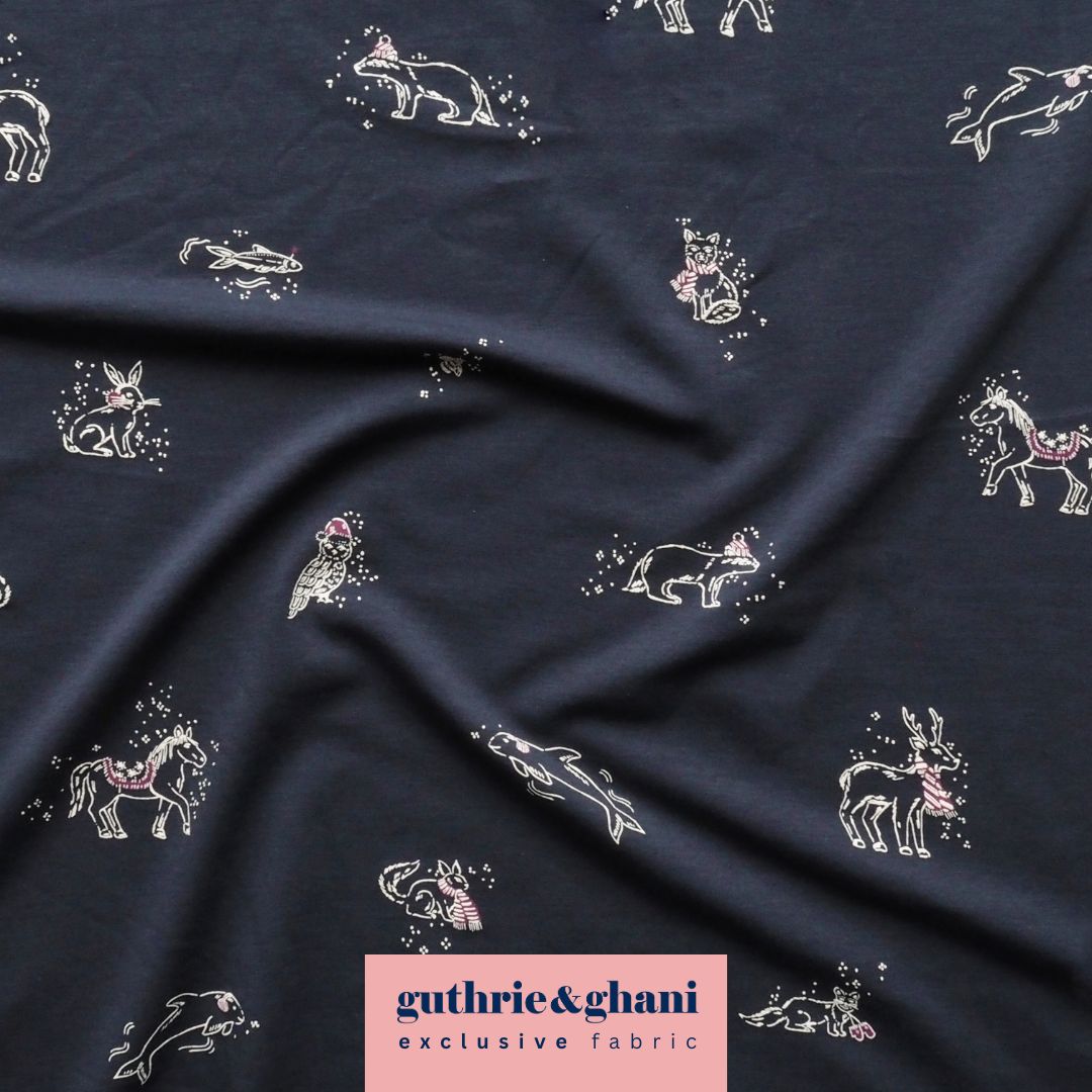 Navy Cosy Adventures Brushed French Terry Fabric – Bamboo and Organic Cotton Blend – Guthrie & Ghani Exclusive