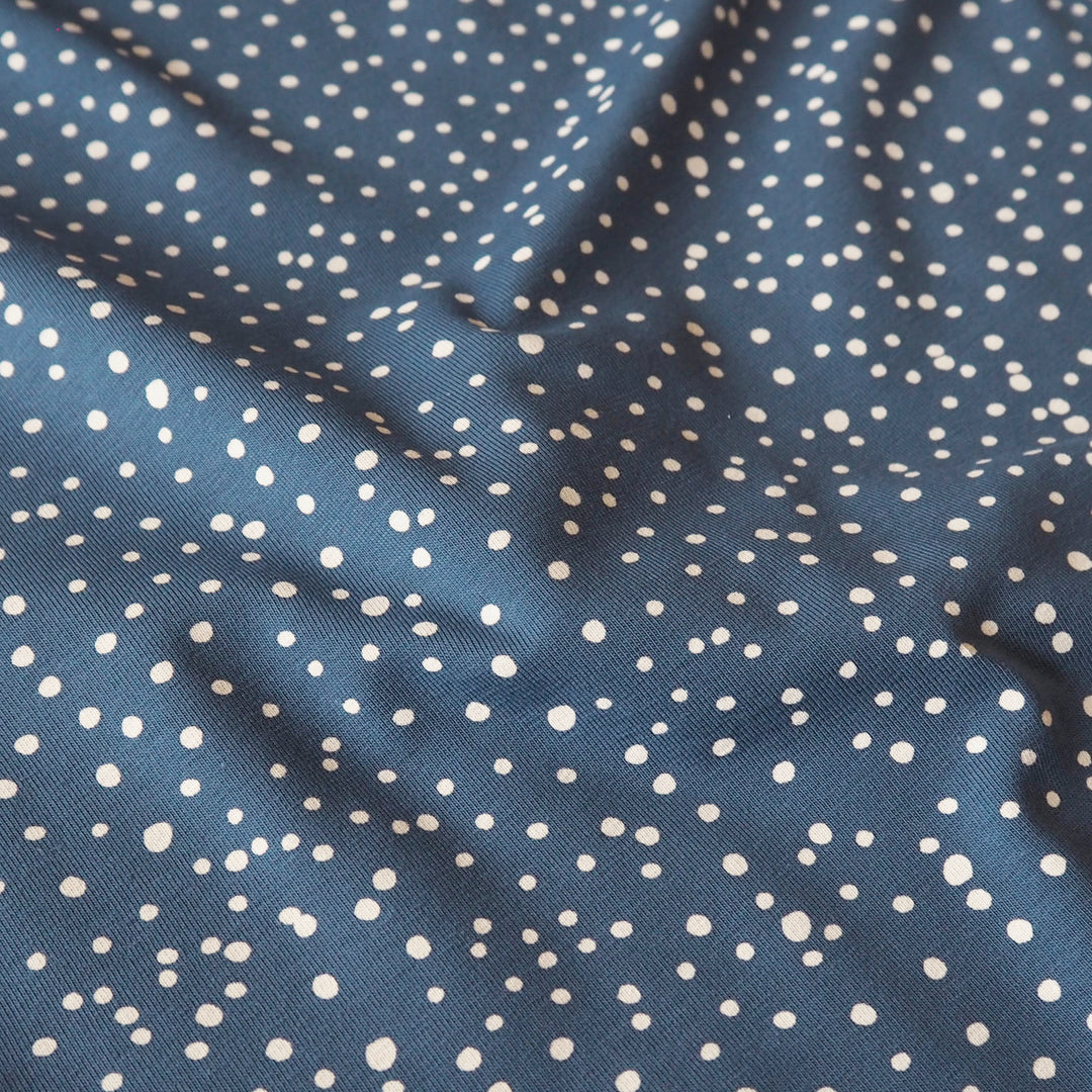 Dusky Blue Polka Cotton Jersey Fabric, Oeko-Tex Certified