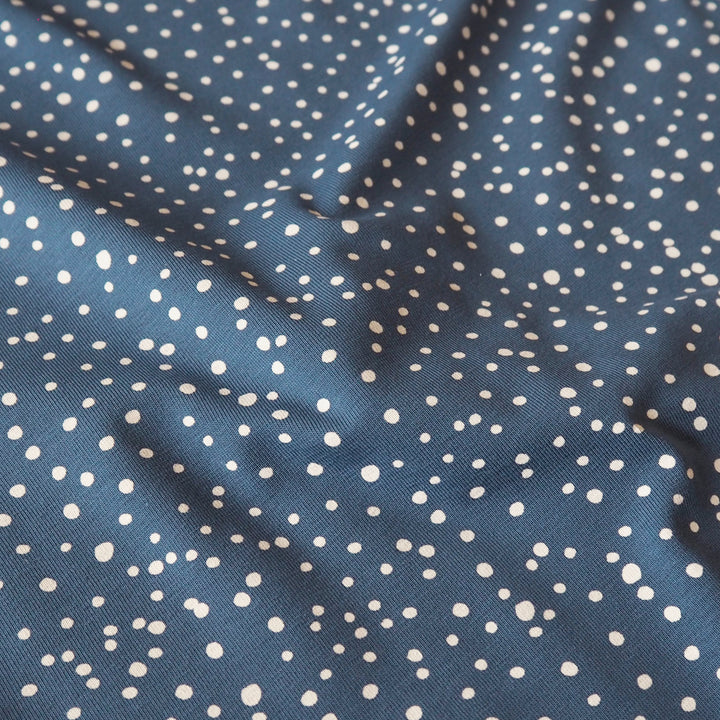 Dusky Blue Polka Cotton Jersey Fabric, Oeko-Tex Certified
