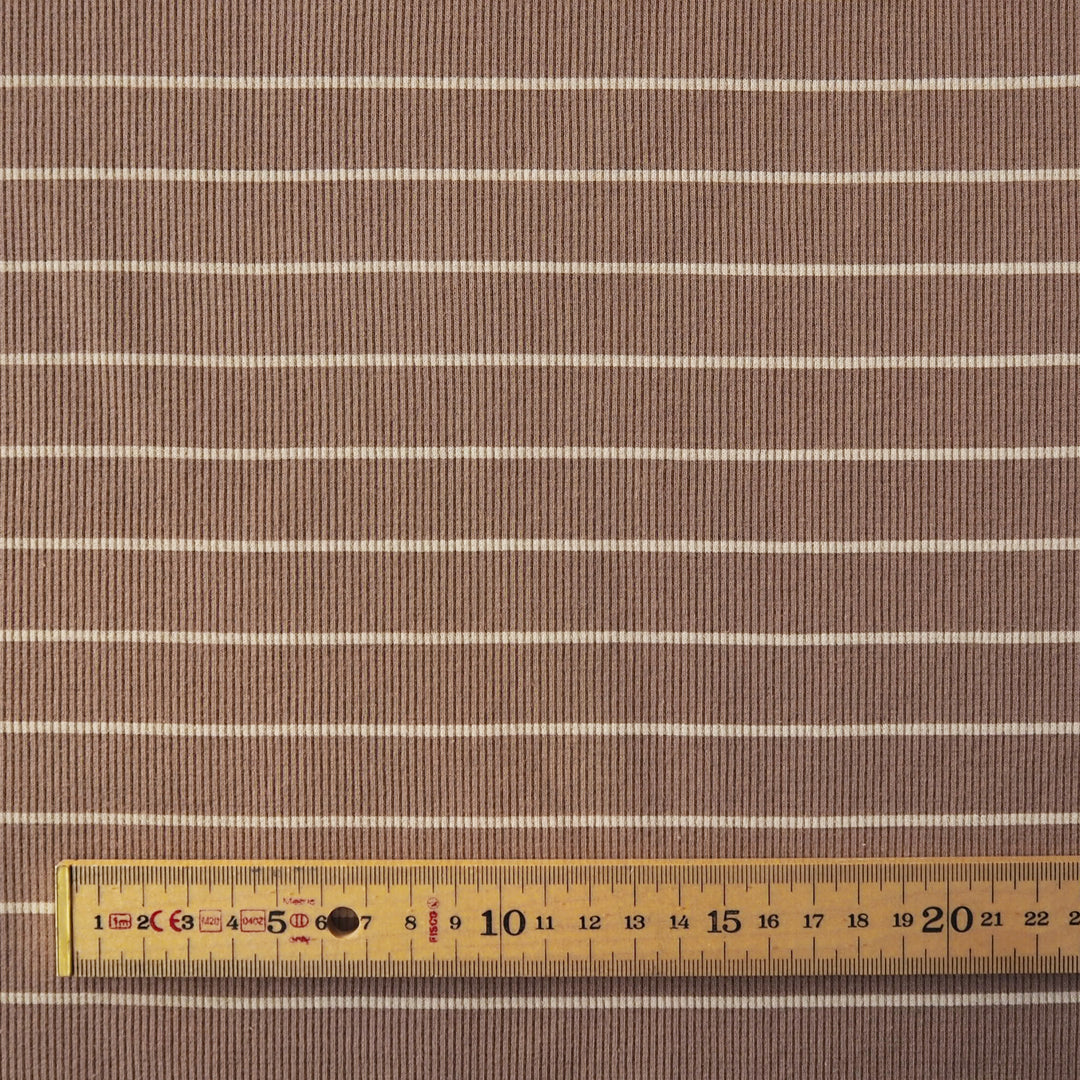 Brown striped ribbed jersey fabric with white stripes