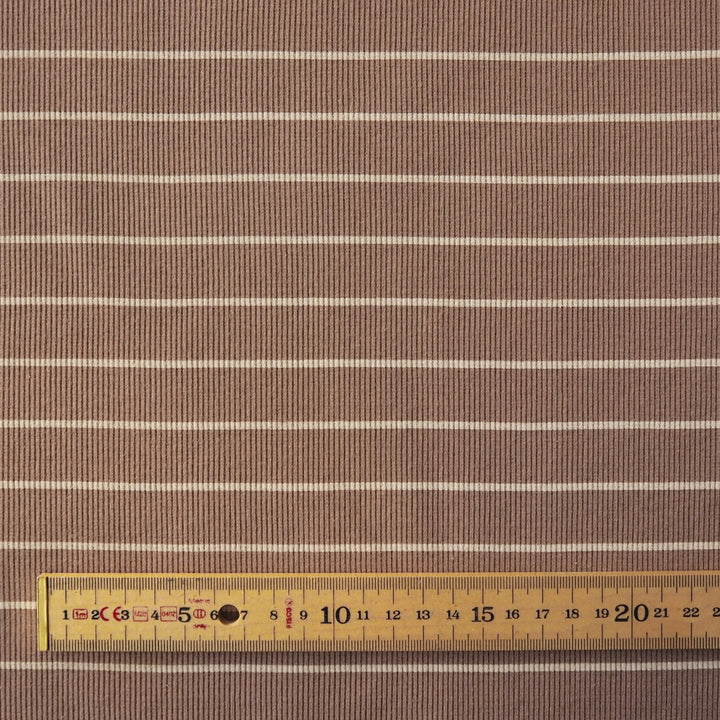 Brown striped ribbed jersey fabric with white stripes