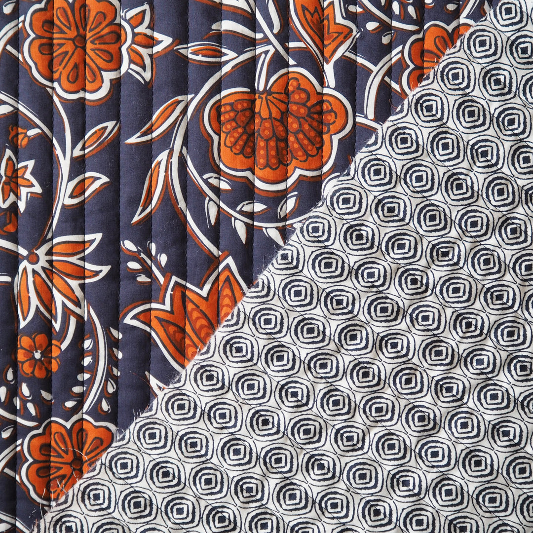 Indigo Botanica reversible quilted cotton fabric with detailed floral design