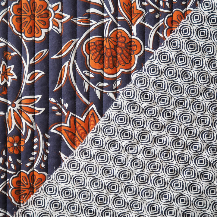 Indigo Botanica reversible quilted cotton fabric with detailed floral design