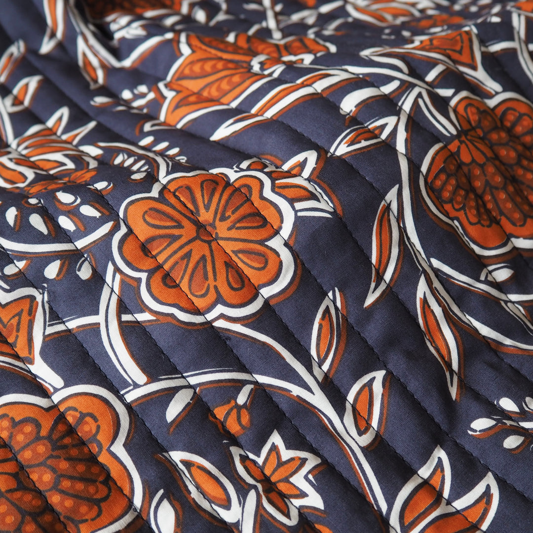Indigo Botanica reversible quilted cotton fabric with detailed floral design