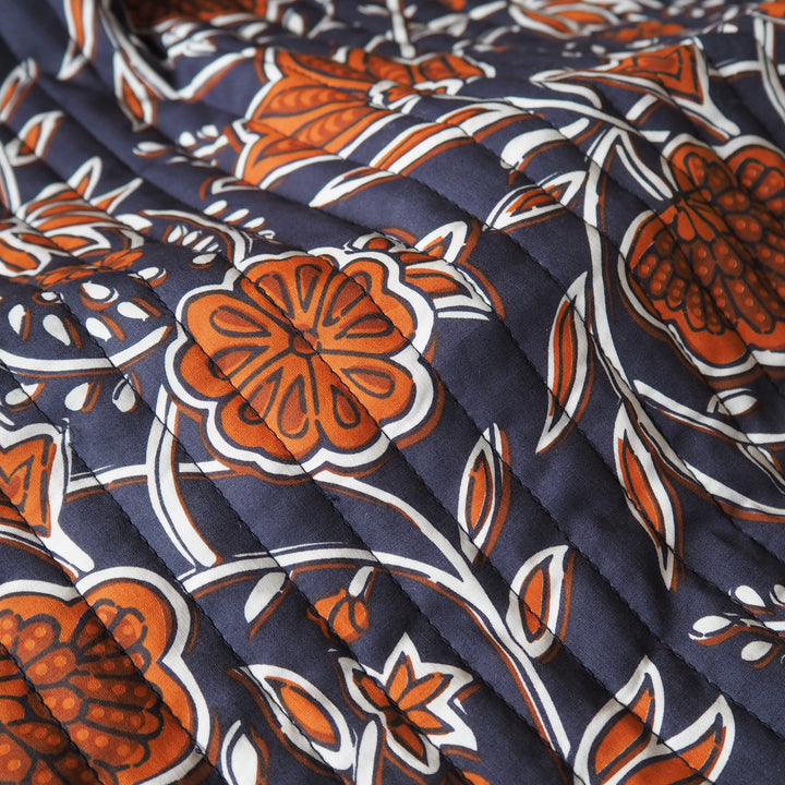 Indigo Botanica reversible quilted cotton fabric with detailed floral design