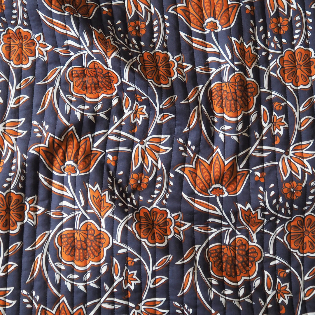 Indigo Botanica reversible quilted cotton fabric with detailed floral design