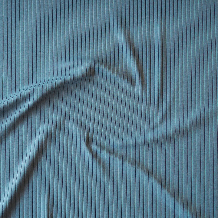 Steel Blue Ribbed Cotton Jersey Fabric for dressmaking