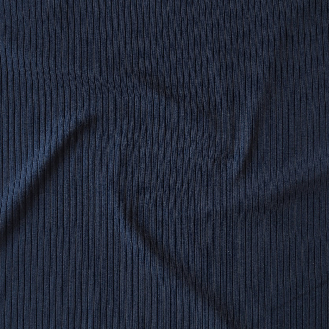 Navy Ribbed Cotton Jersey Fabric for dressmaking