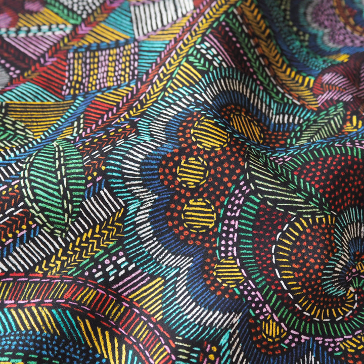 Close-up of a colorful Liberty patterned fabric with intricate designs.