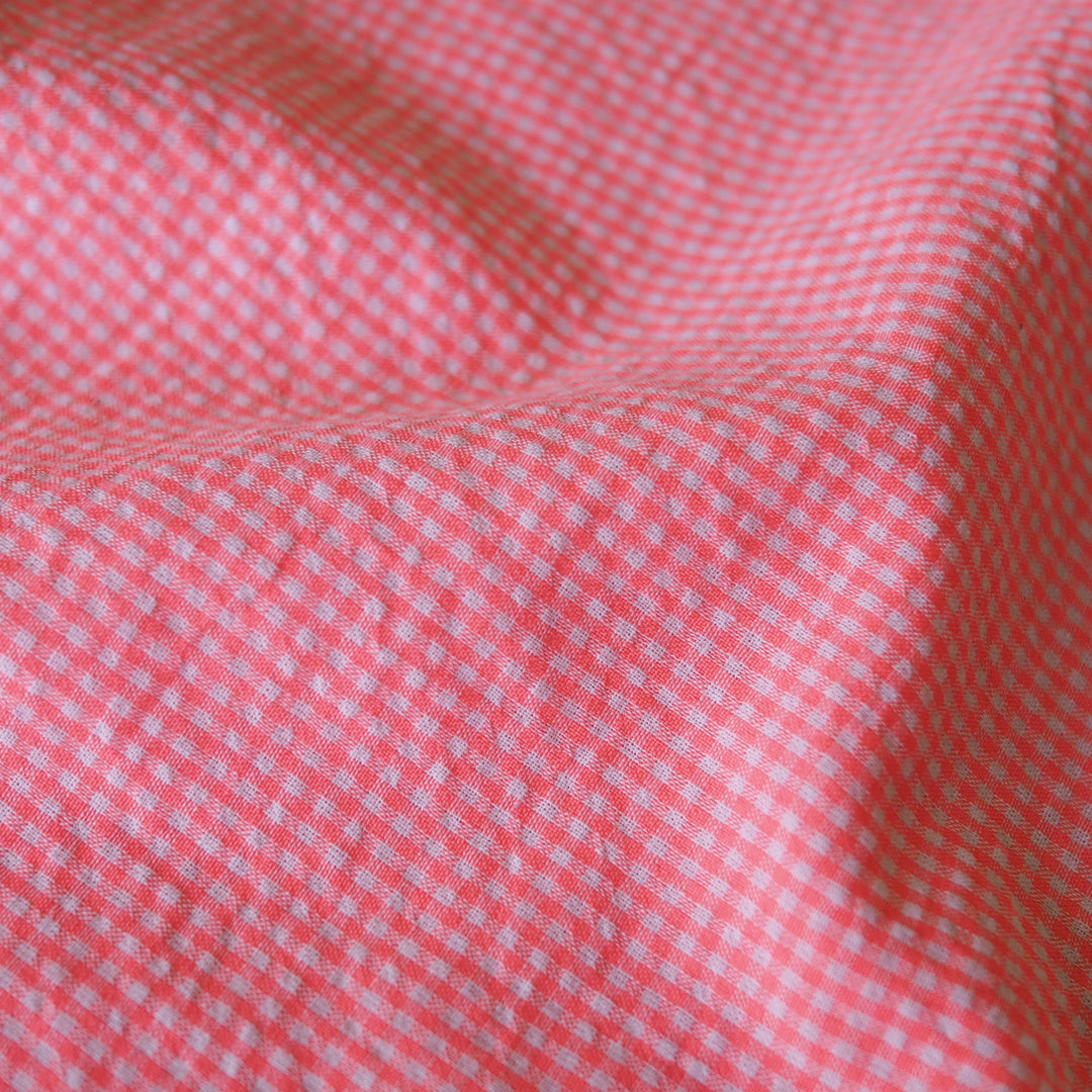 Neon Pink Micro Gingham Seersucker dressmaking Fabric