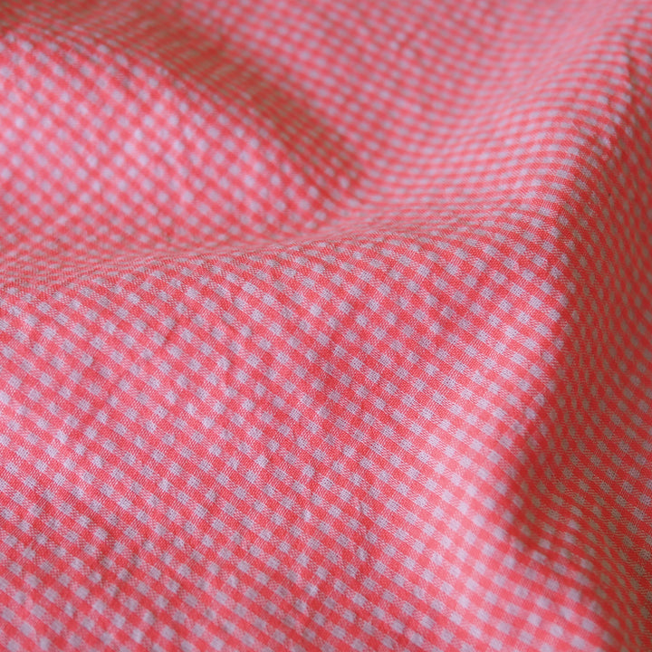 Neon Pink Micro Gingham Seersucker dressmaking Fabric