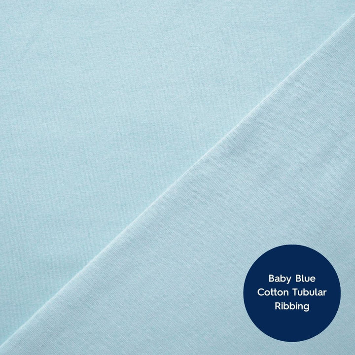 Baby blue cotton tubular ribbing fabric with a circular label.