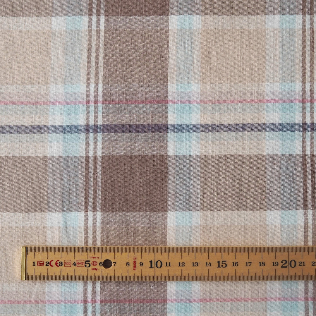 Neutral coloured checked viscose linen dressmaking fabric