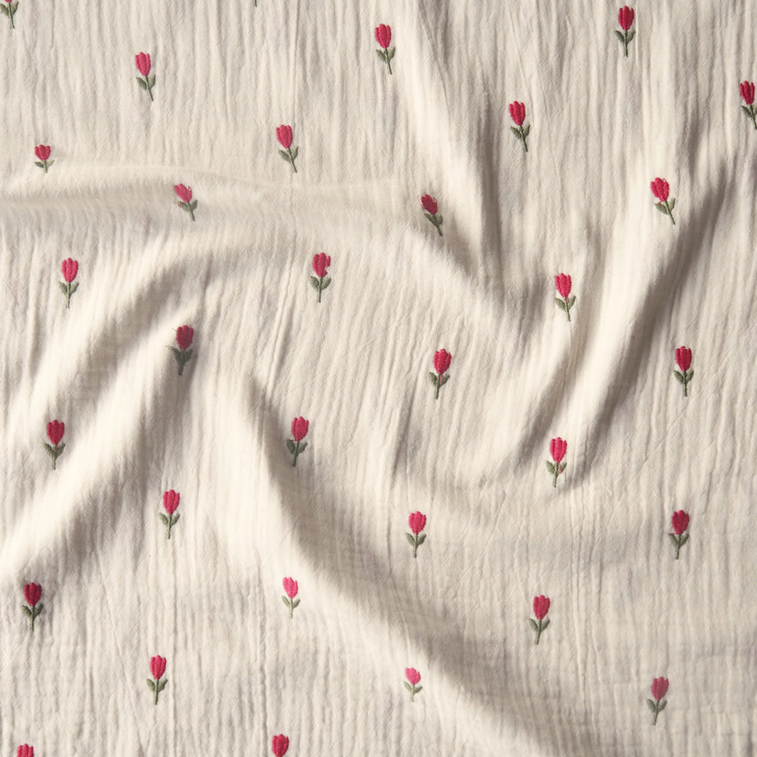 Ecru cotton double gauze fabric with embroidered tulip flowers