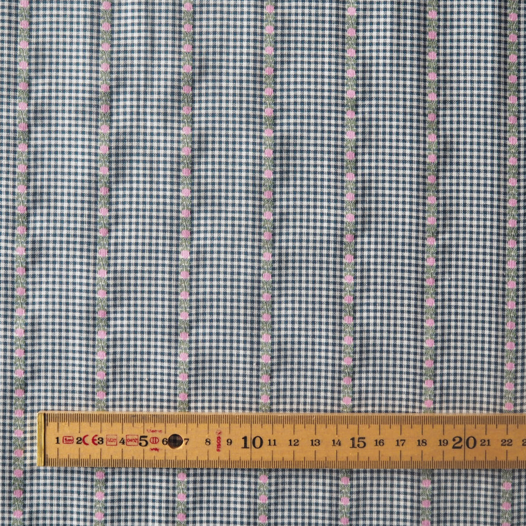 Navy and white gingham cotton fabric with pink floral striped jacquard design