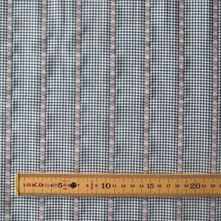 Navy and white gingham cotton fabric with pink floral striped jacquard design