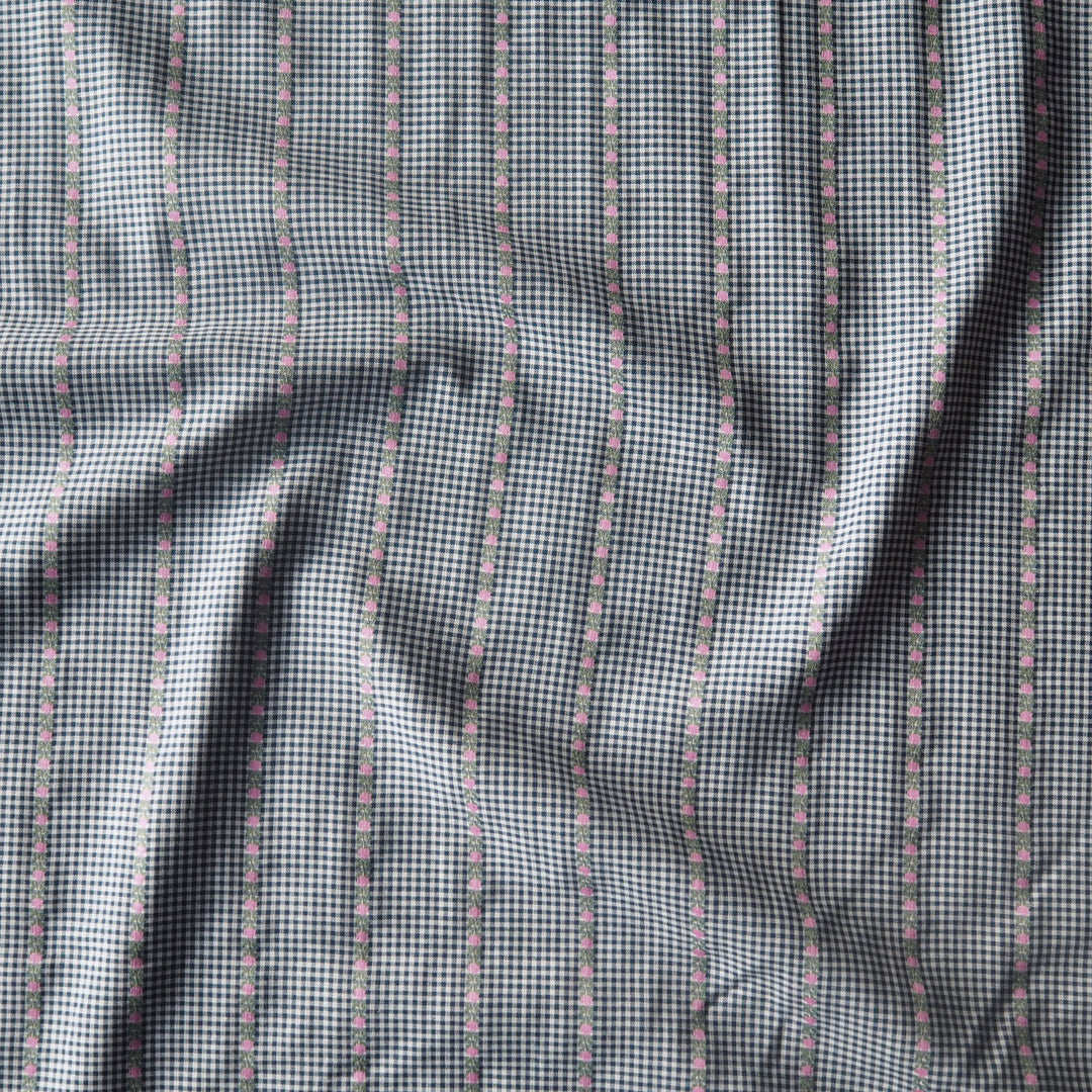 Navy and white gingham cotton fabric with pink floral striped jacquard design