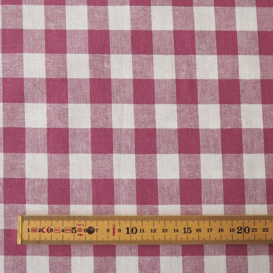 Pink and white checkered dressmaking linen cotton fabric