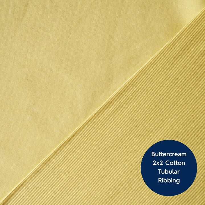 Buttercream yellow fleeceback organic cotton sweatshirting fabric, cosy and stretchy for sweatshirts and joggers.