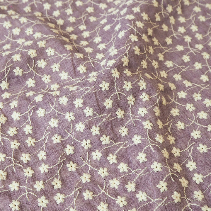Lilac purple embroidered cotton voile dressmaking fabric