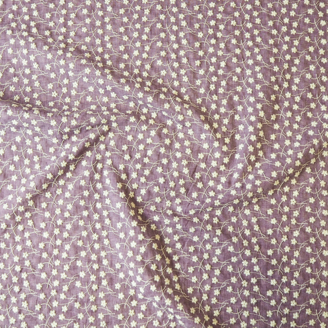 Lilac purple embroidered cotton voile dressmaking fabric