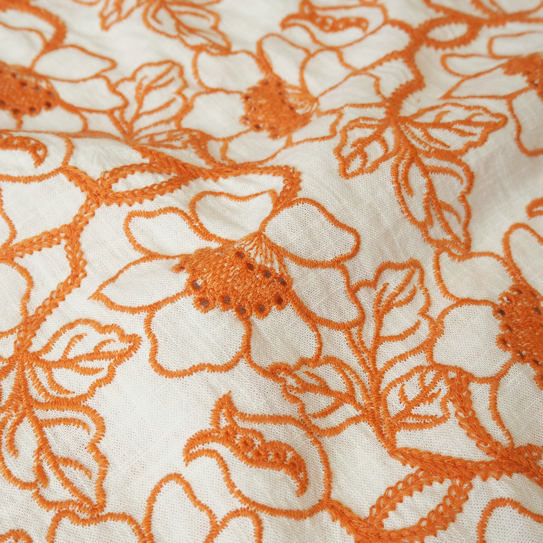 Mandarin Orange Floral Embroidered Viscose Linen Blend Fabric| Guthrie & Ghani Mandarin Orange Floral Embroidered Viscose Linen Blend Fabric| Guthrie & Ghani