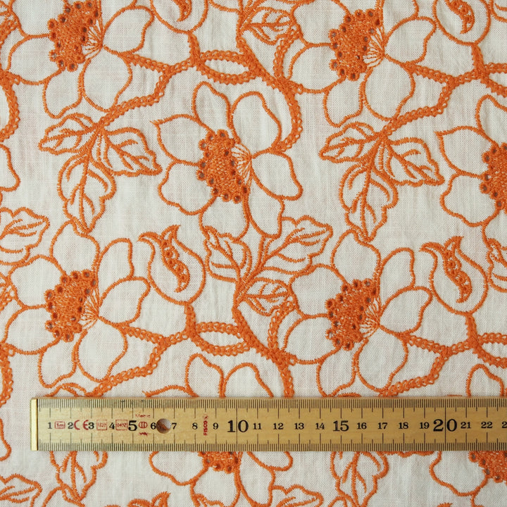 Mandarin orange floral embroidered viscose linen dressmaking fabric