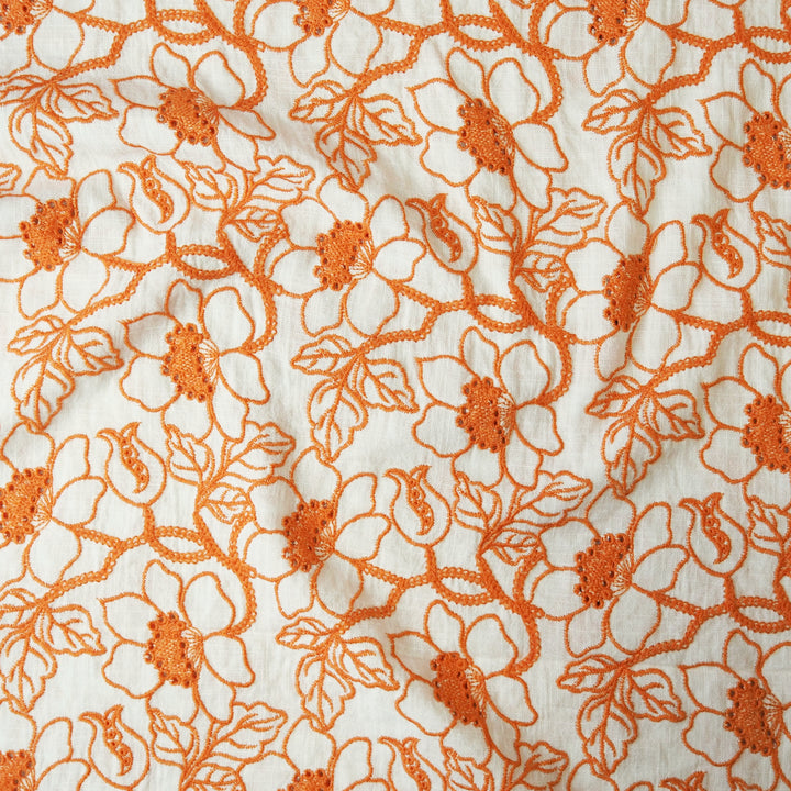 Mandarin orange floral embroidered viscose linen dressmaking fabric