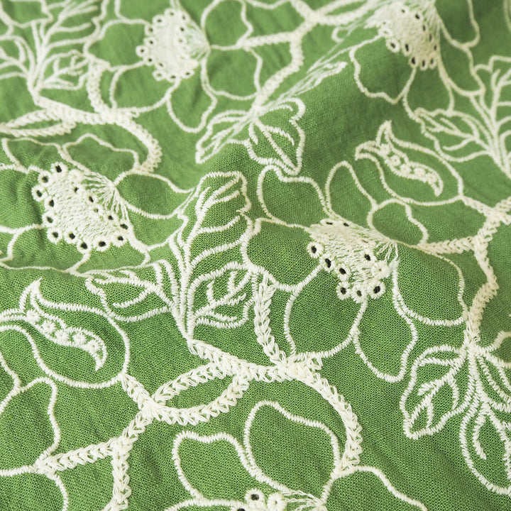 Fresh green floral embroidered viscose linen dressmaking fabric