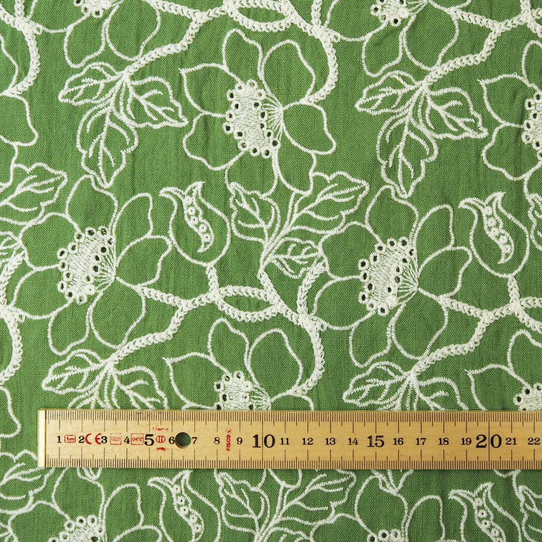 Fresh green floral embroidered viscose linen dressmaking fabric