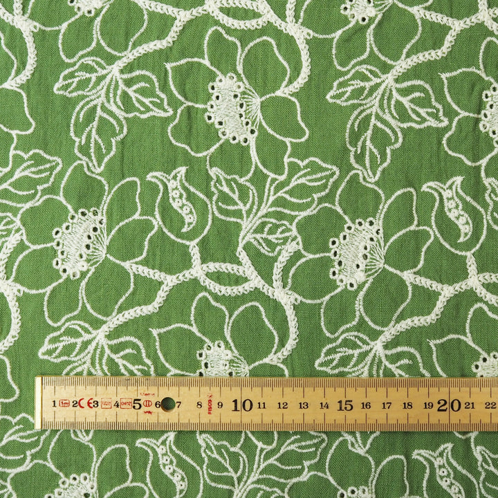 Fresh green floral embroidered viscose linen dressmaking fabric