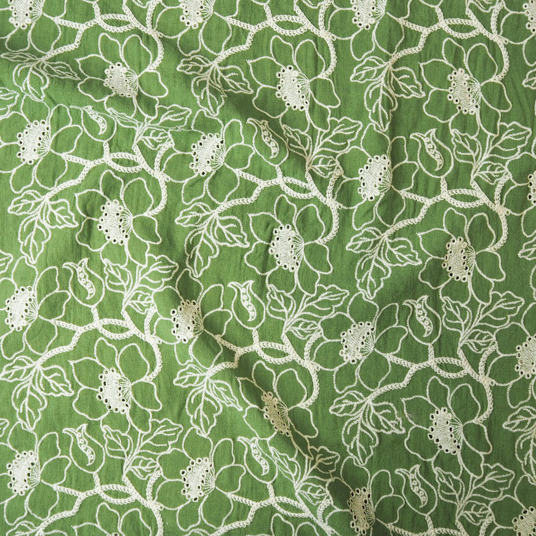 Palm Green Floral Embroidered Viscose Linen Blend Fabric | Guthrie & Ghani Palm Green Floral Embroidered Viscose Linen Blend Fabric | Guthrie & Ghani