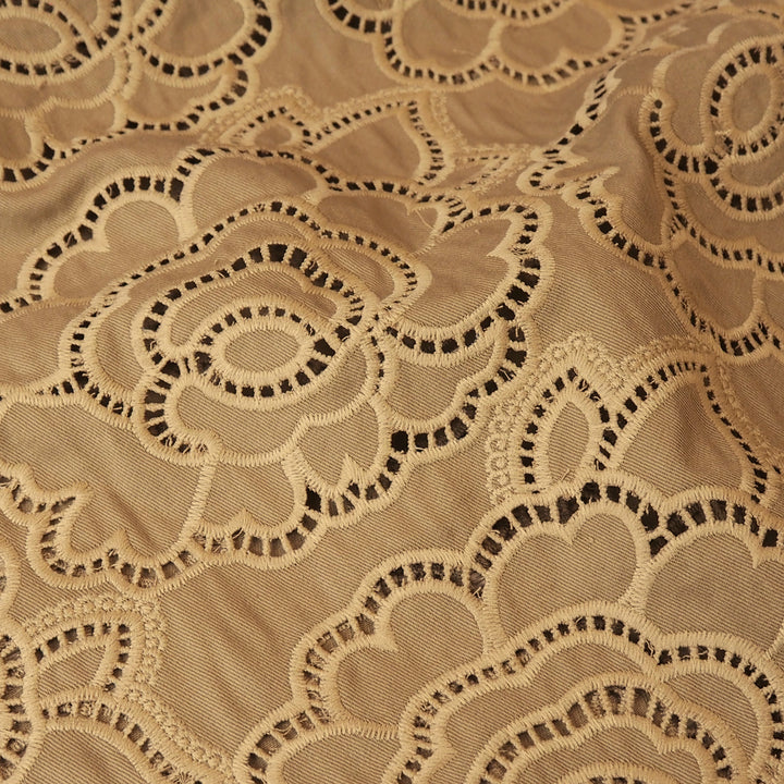 Beige cut-out floral denim fabric for dressmaking