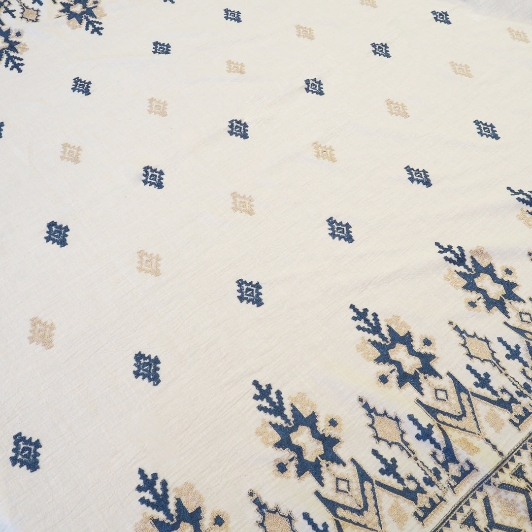 Geo border embroidered cotton blend dressmaking fabric