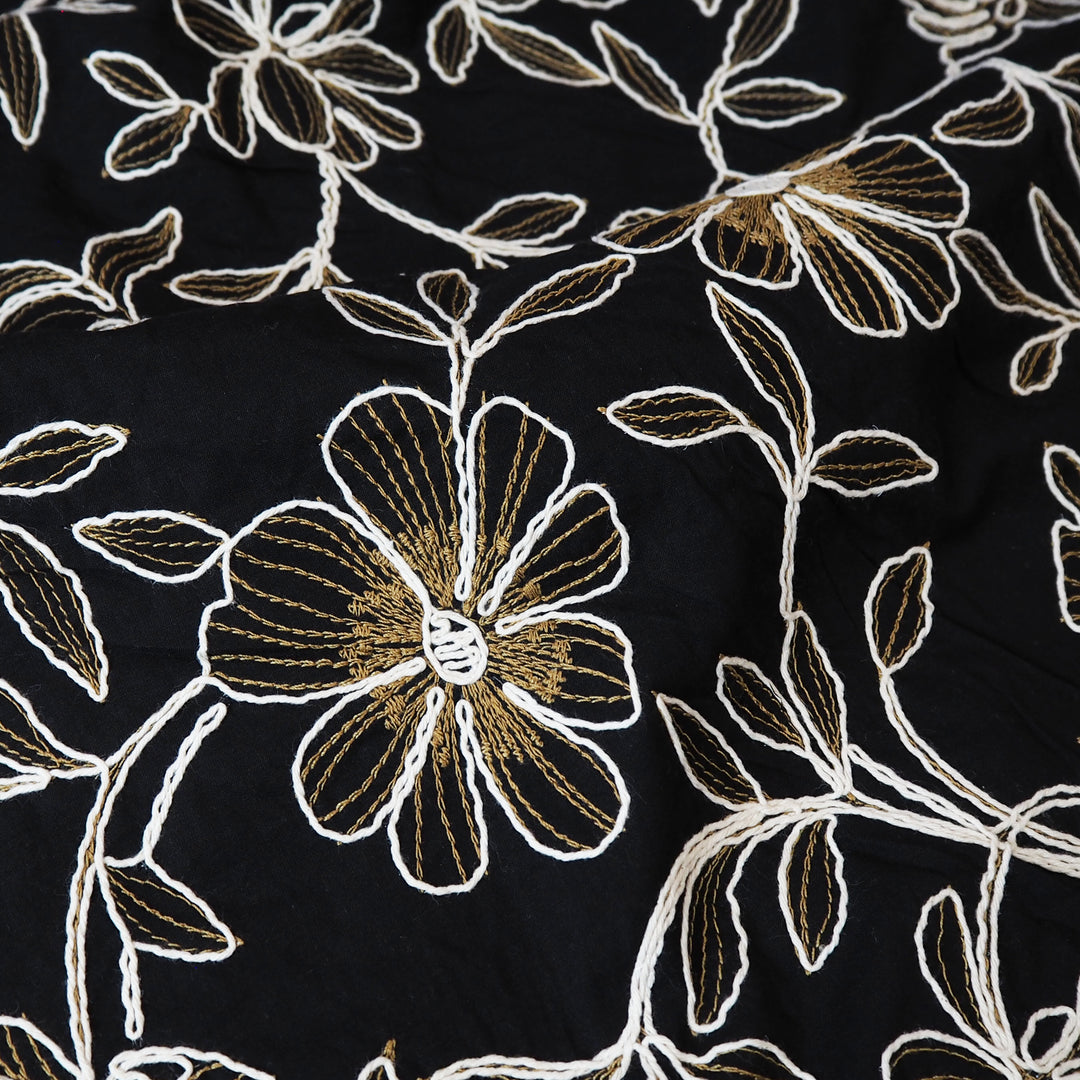 Contrast floral embroidered cotton blend fabric for dressmaking