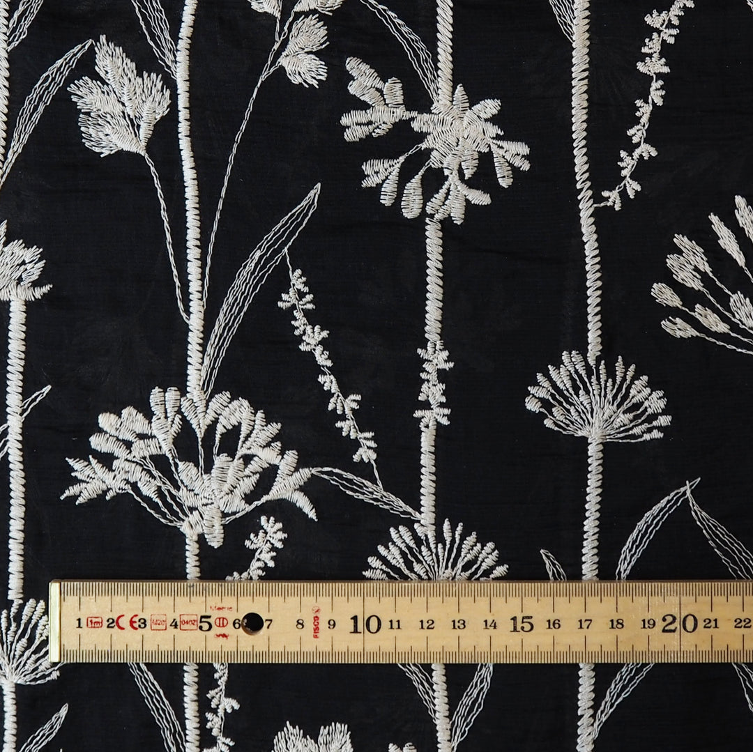 Black embroidered stems lyocell blend fabric for dressmaking