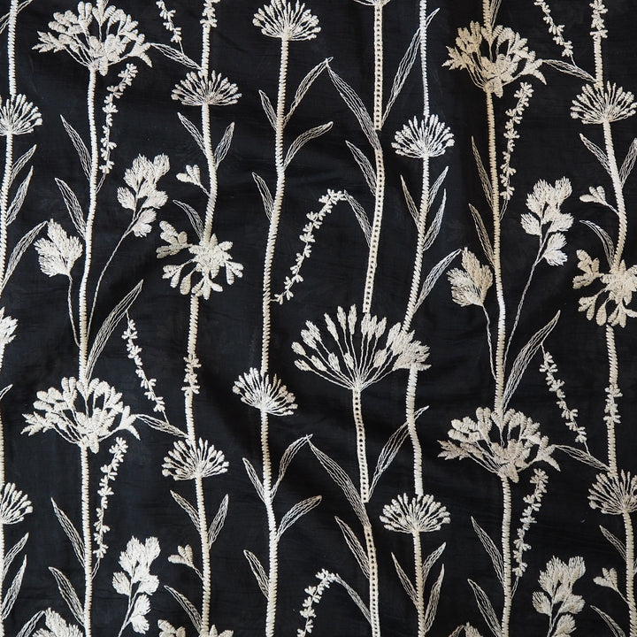 Black embroidered stems lyocell blend fabric for dressmaking