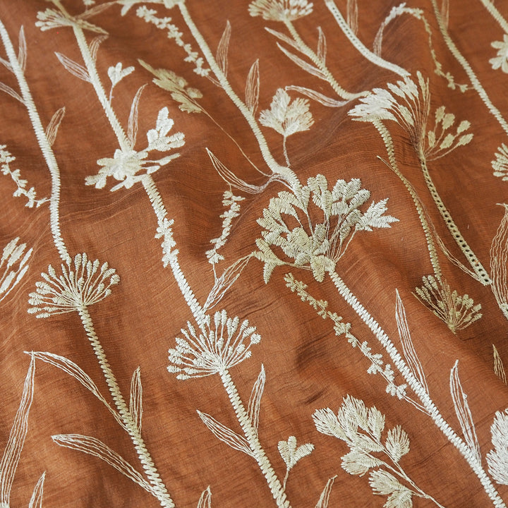 Rust embroidered stems lyocell blend fabric for dressmaking