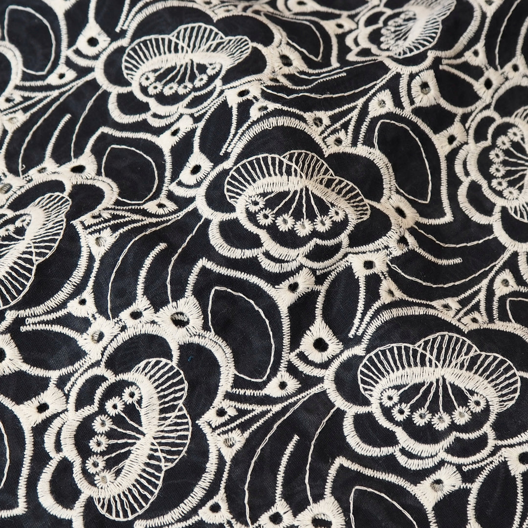 Midnight navy puzzle floral embroidered cotton poplin fabric for dressmaking