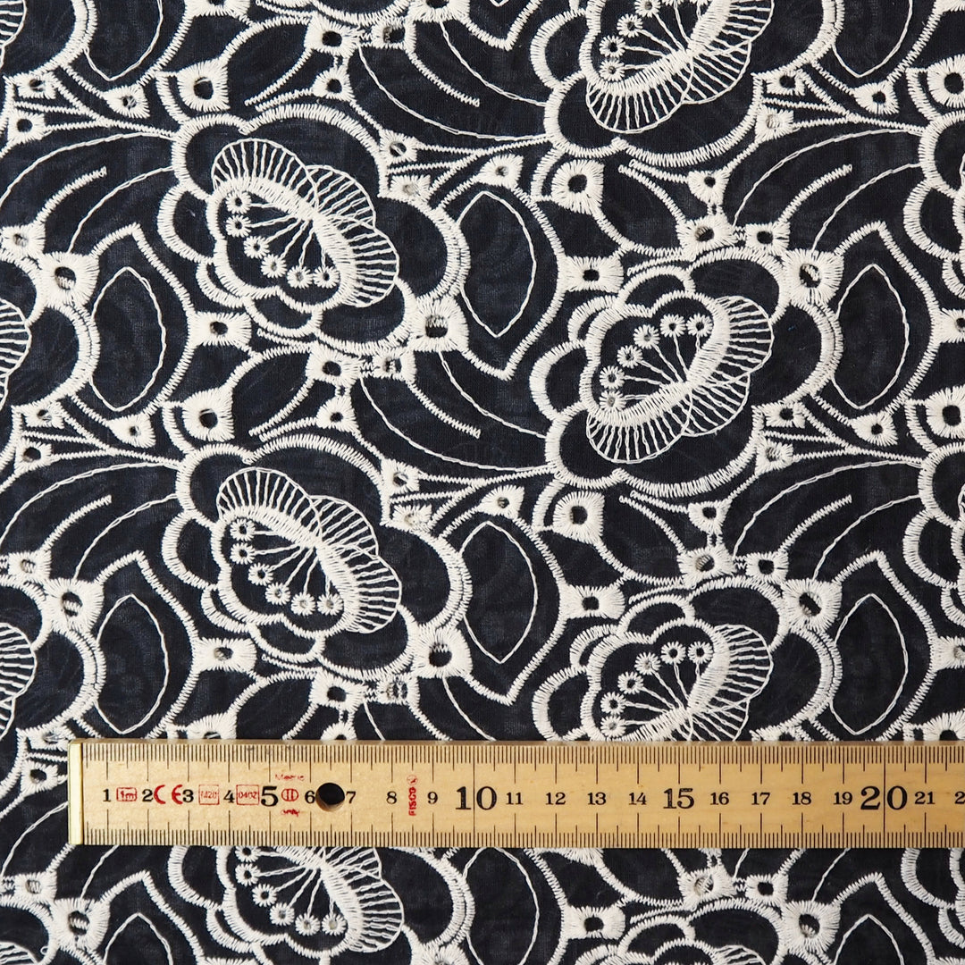 Midnight navy puzzle floral embroidered cotton poplin fabric for dressmaking