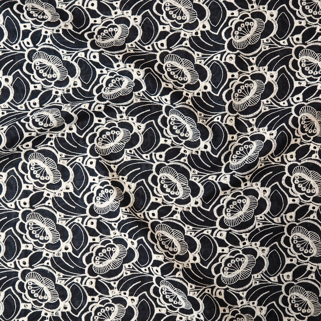 Midnight navy puzzle floral embroidered cotton poplin fabric for dressmaking