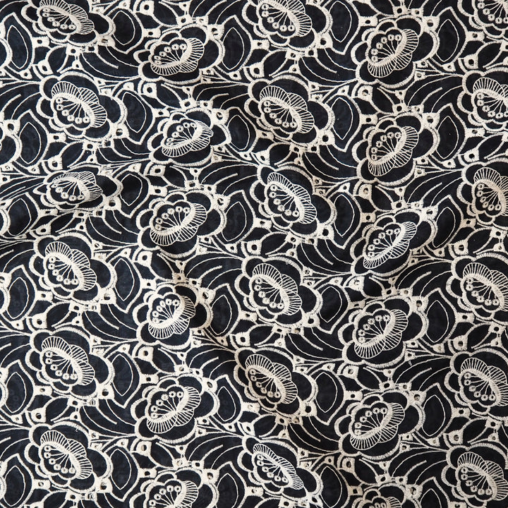 Midnight navy puzzle floral embroidered cotton poplin fabric for dressmaking